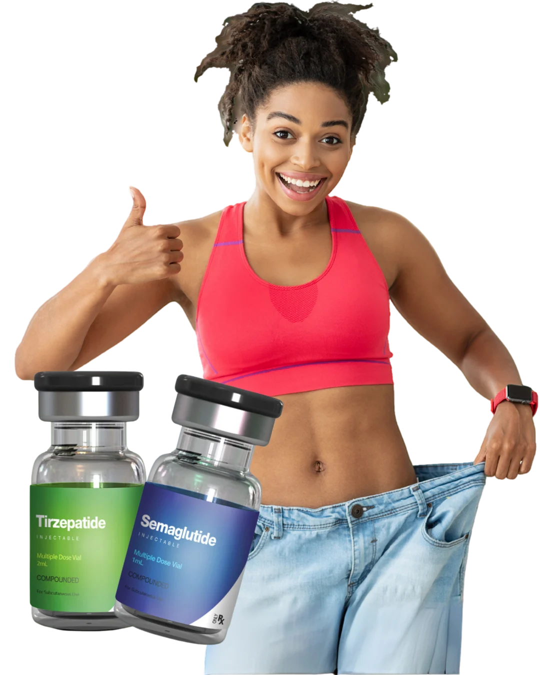 Smiling woman showing weight loss results with loose jeans while holding Semaglutide and Tirzepatide vials in Apple Valley