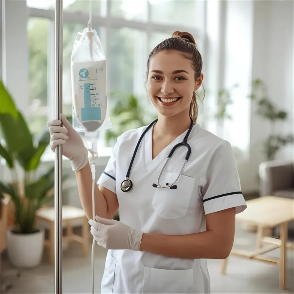 Smiling nurse holding IV hydration drip at The IV Station Apple Valley