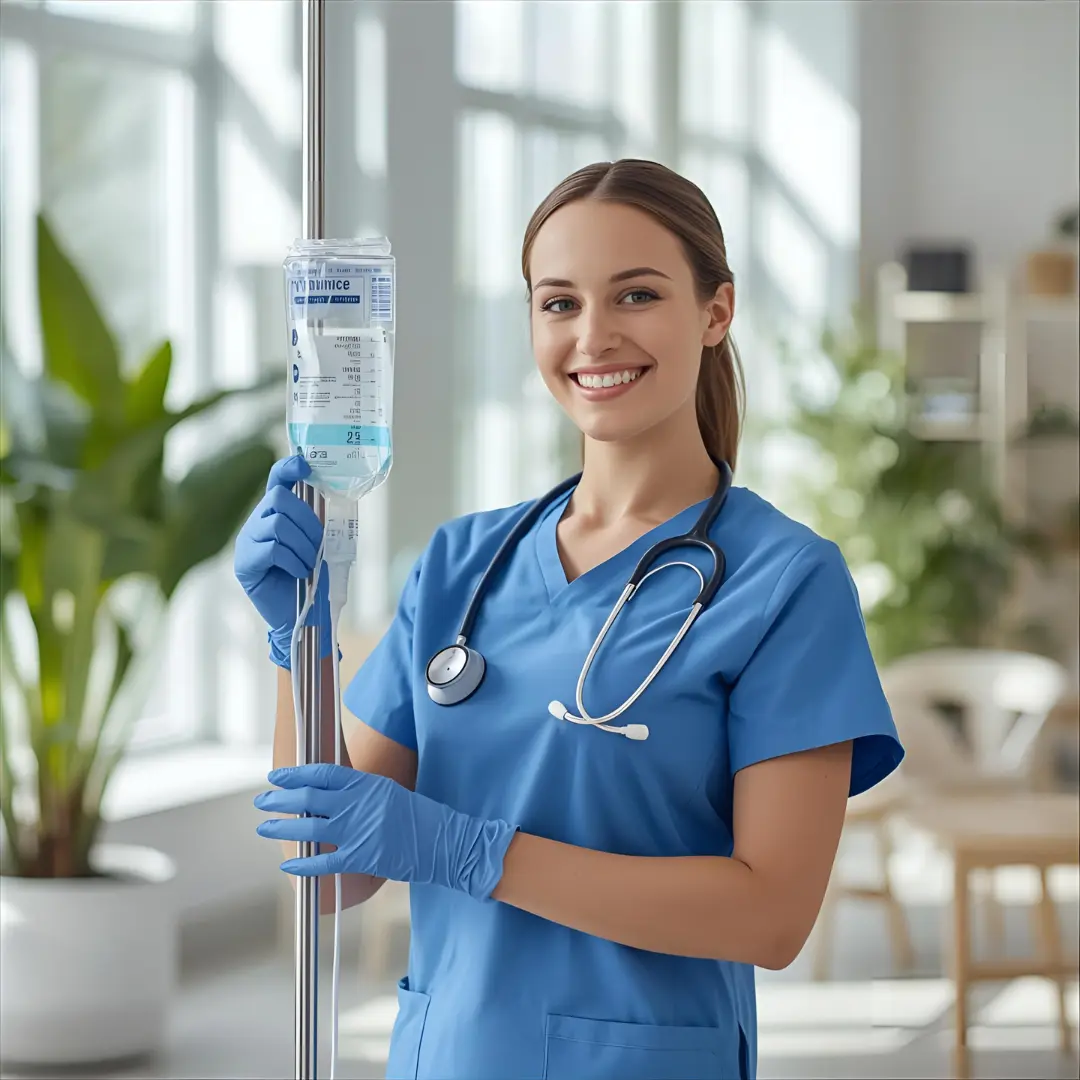 Nurse in blue scrubs preparing IV hydration therapy drip at The IV Station wellness clinic in Apple Valley